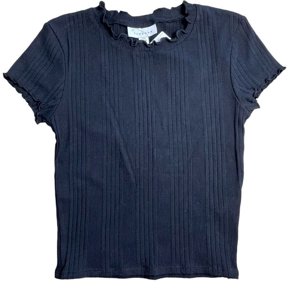 Topshop Women's Black Ribbed Short Sleeve Ruffle Crop Top Size 4 NWT